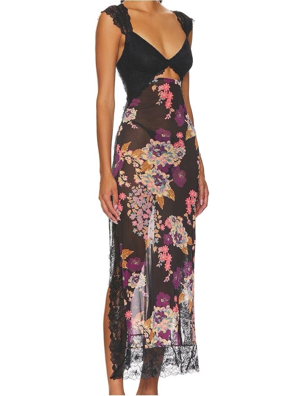 Free People Blk Sheer Floral Lace Slip Dress with Purple & Pink Blooms High Slit